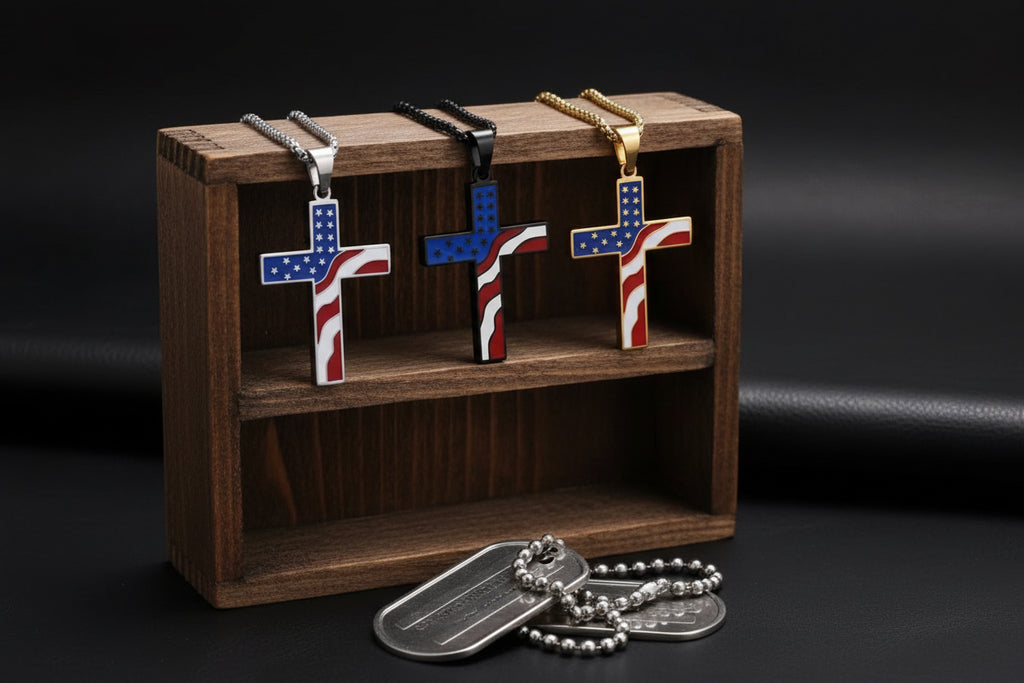 Flag Cross Necklace. Stainless Steel Chain. Available in gold, silver, and black. .￼