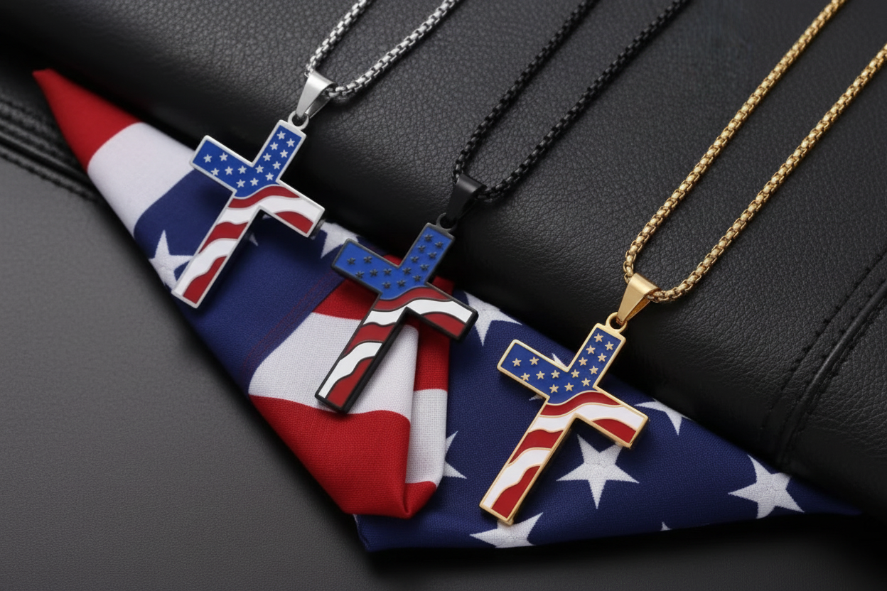 Flag Cross Necklace. Stainless Steel Chain. Available in gold, silver, and black. .￼
