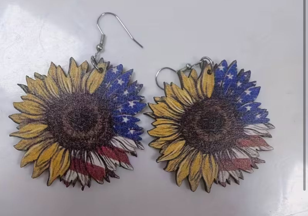 Sunflower earrings in American Red White And Blue. Flag design .