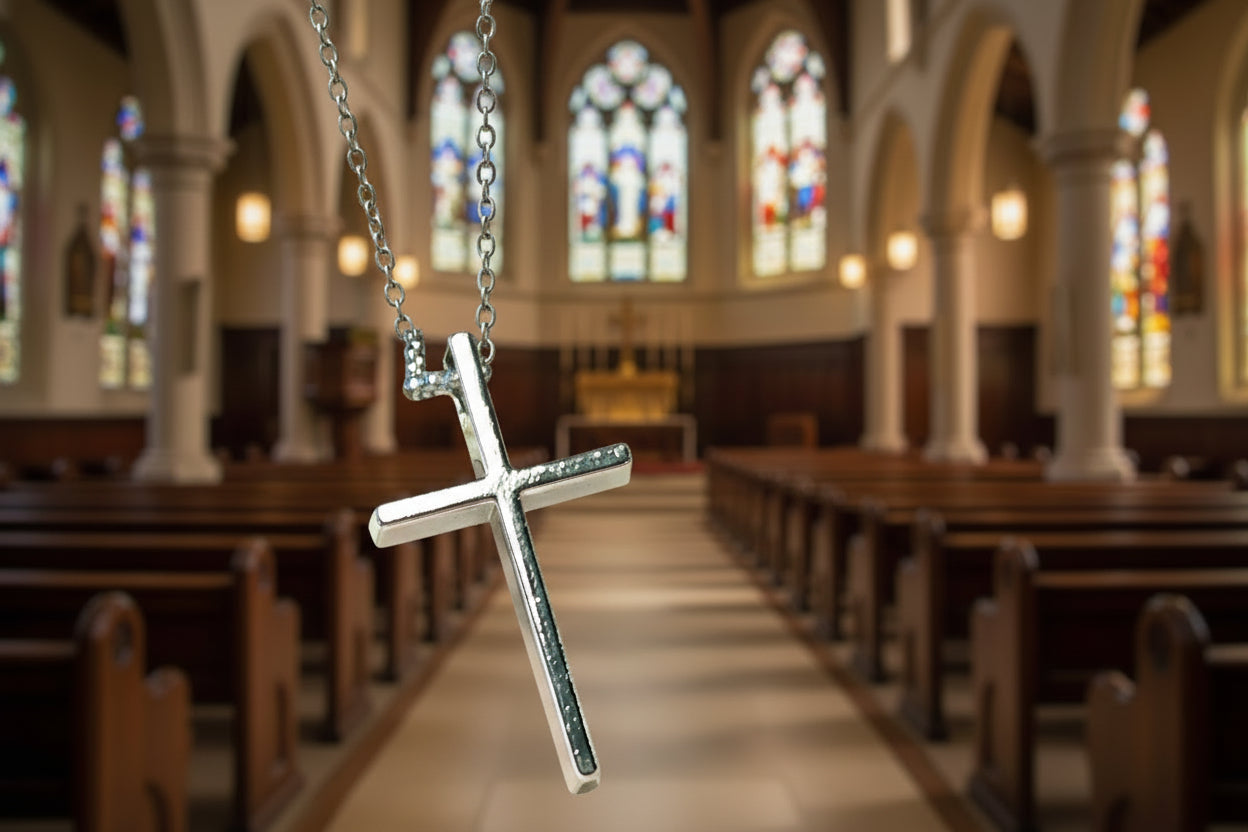 Silver cross pendant on a shell with a natural background