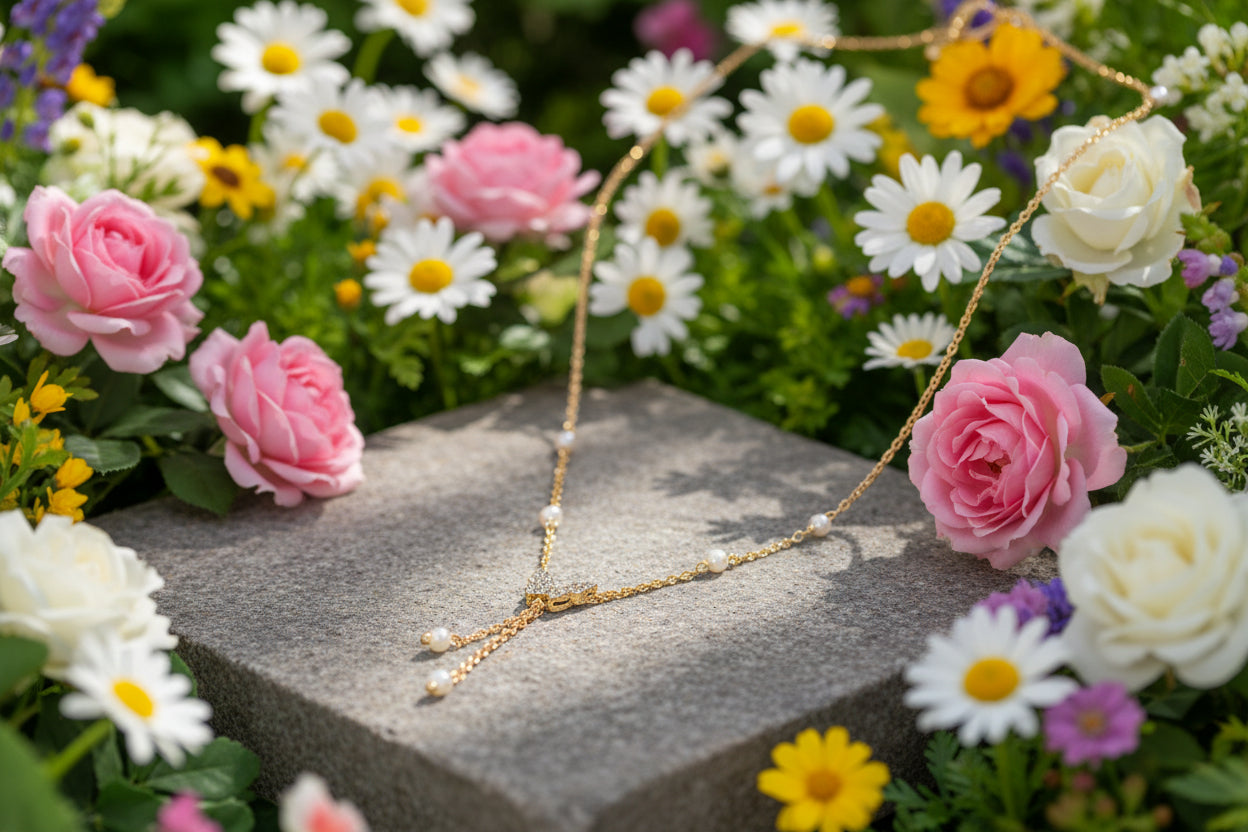 Gold necklace with heart pendant and pearls on a red background