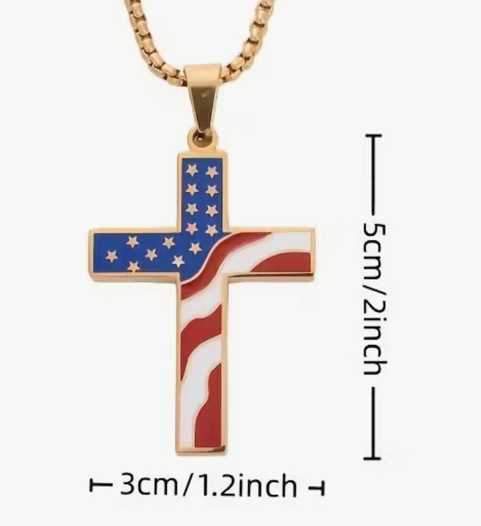 Flag Cross Necklace. Stainless Steel Chain. Available in gold, silver, and black. .￼