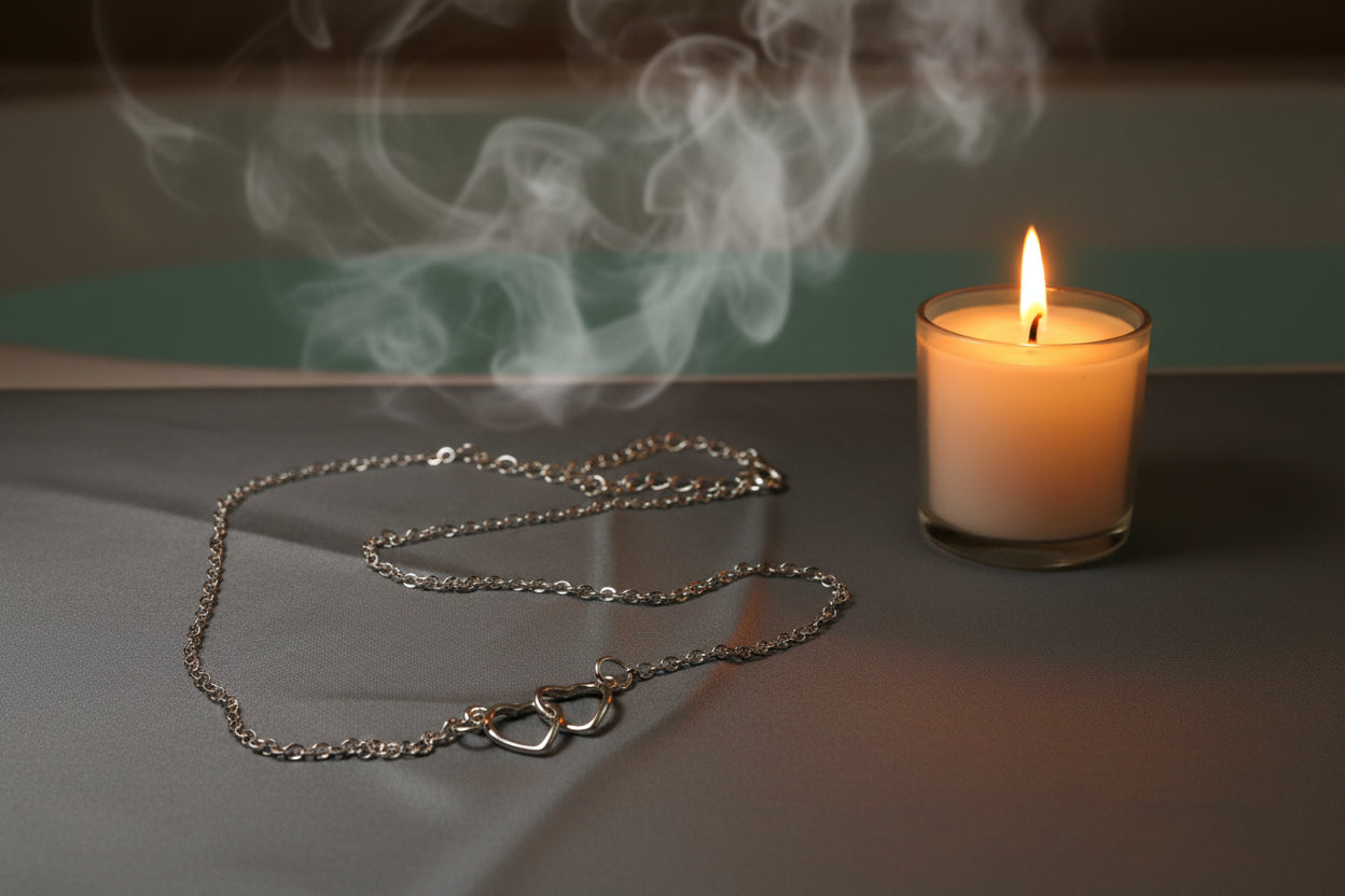 Silver necklace with heart-shaped pendants on a light blue fabric background