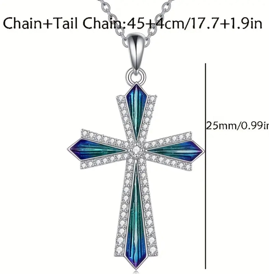 Blue Green Silver Cross Necklace with Simulated Diamonds.