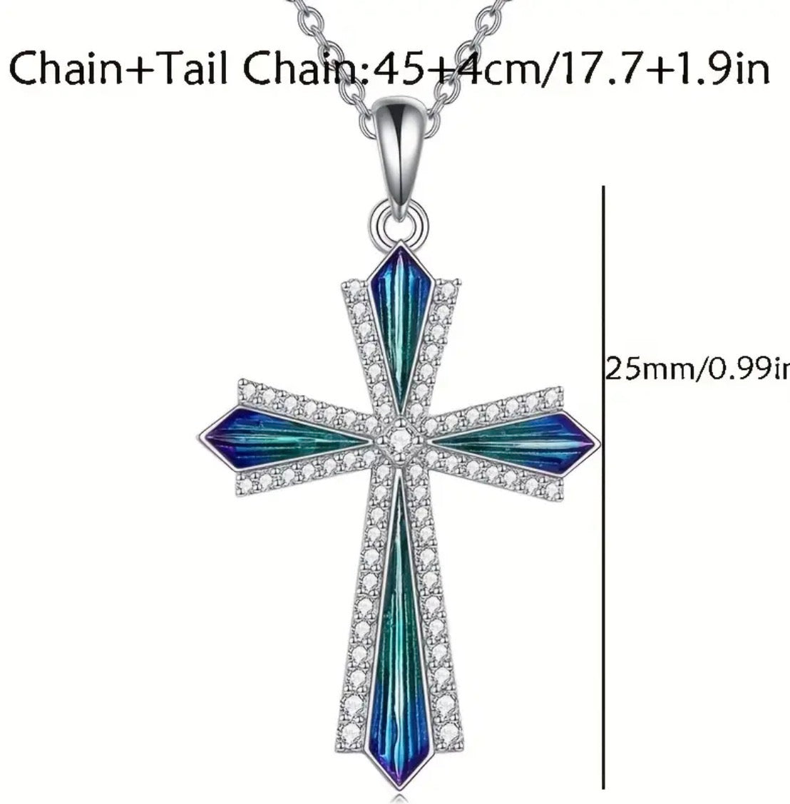 Blue Green Silver Cross Necklace with Simulated Diamonds.