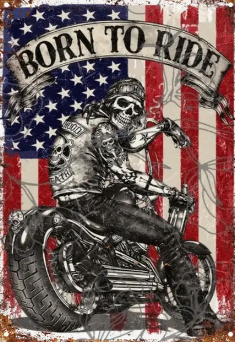 American biker with the flag behind him,  born to ride