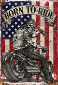 American biker with the flag behind him,  born to ride