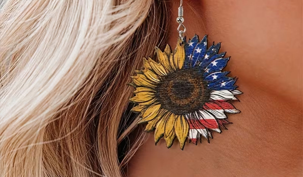 Sunflower earrings in American Red White And Blue. Flag design .