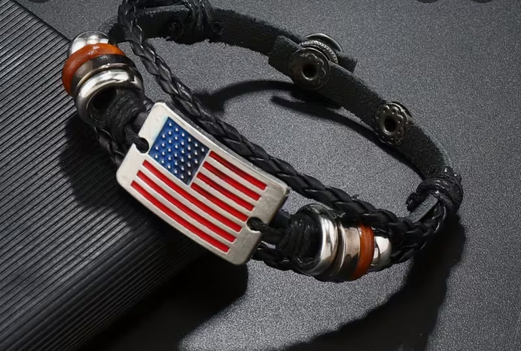 Leather Bracelet with American Flag Emblem.