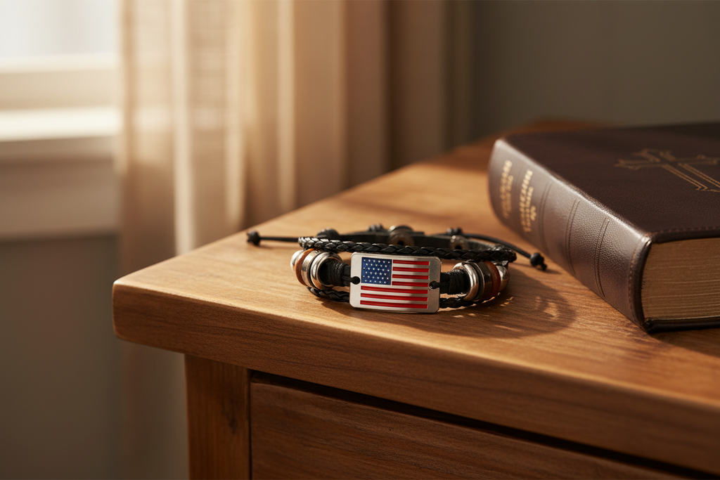 Leather Bracelet with American Flag Emblem.