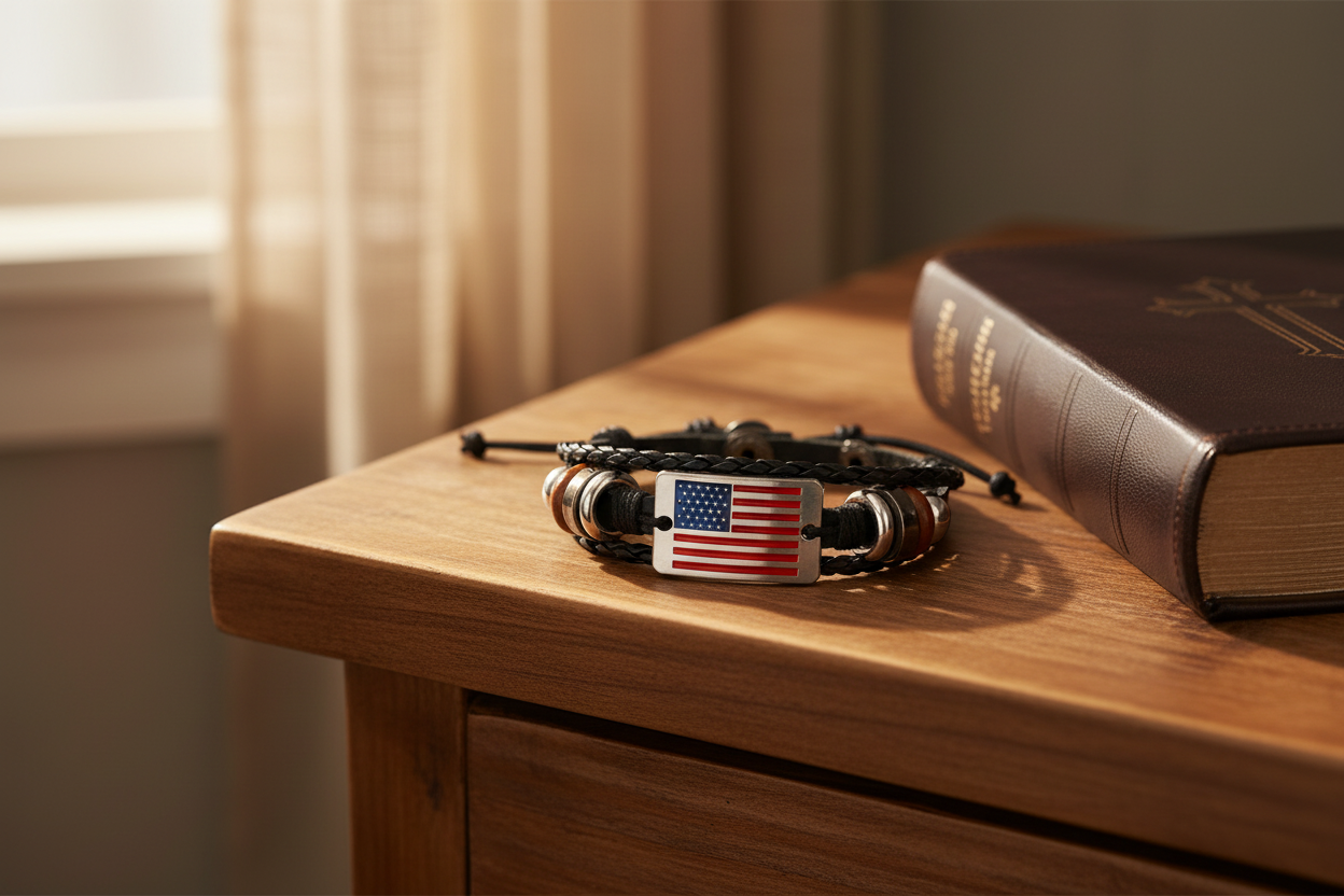 Leather Bracelet with American Flag Emblem.