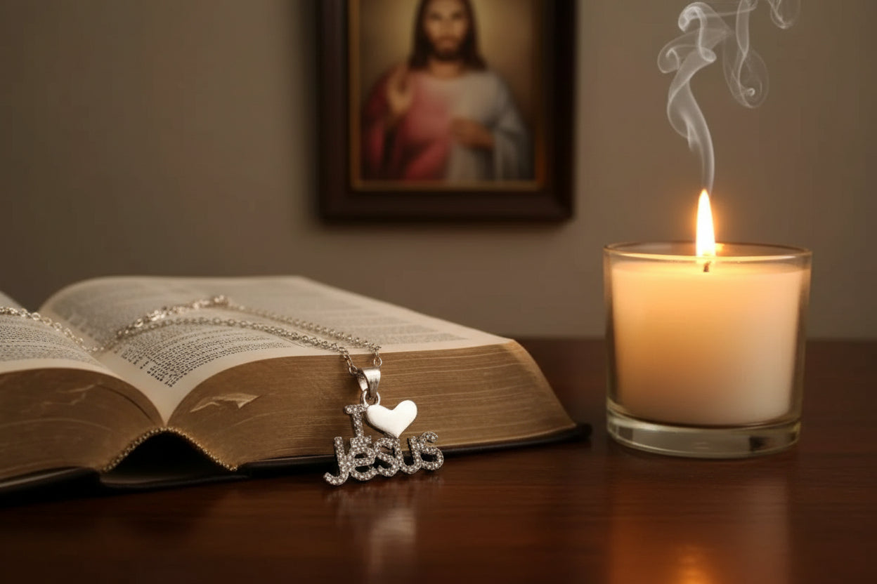 Silver 'I ❤️ Jesus' necklace on a hand