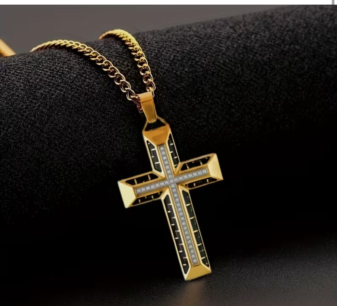 Gold and simulated diamonds cross necklace. 18k plated.