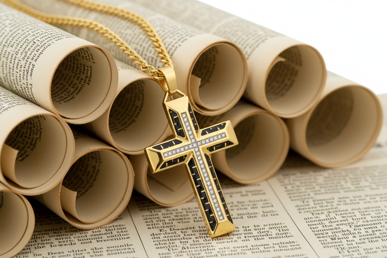 Gold and simulated diamonds cross necklace. 18k plated.