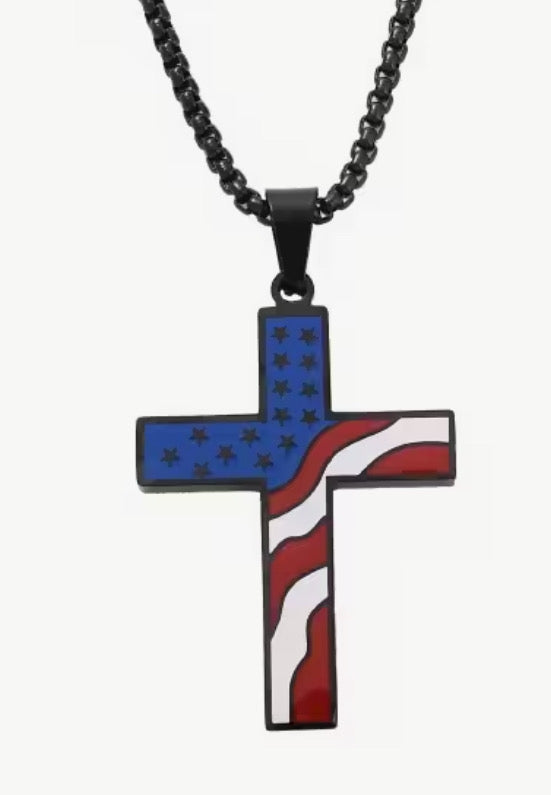 Flag Cross Necklace. Stainless Steel Chain. Available in gold, silver, and black. .￼