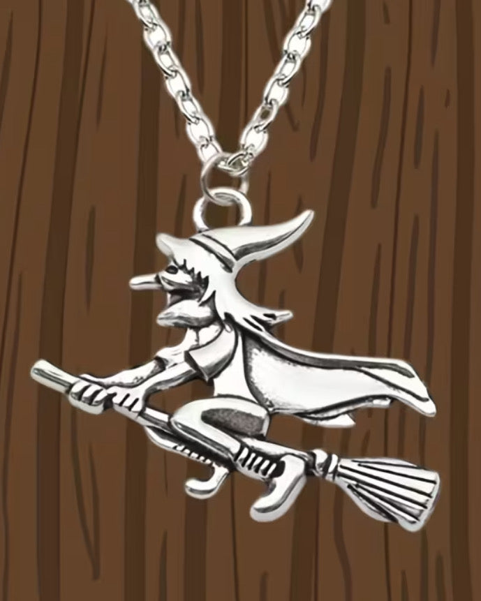 Witch Flying on broom pendant and necklace.