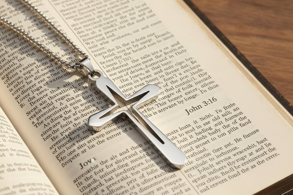 Silver cross pendant on a chain held between fingers