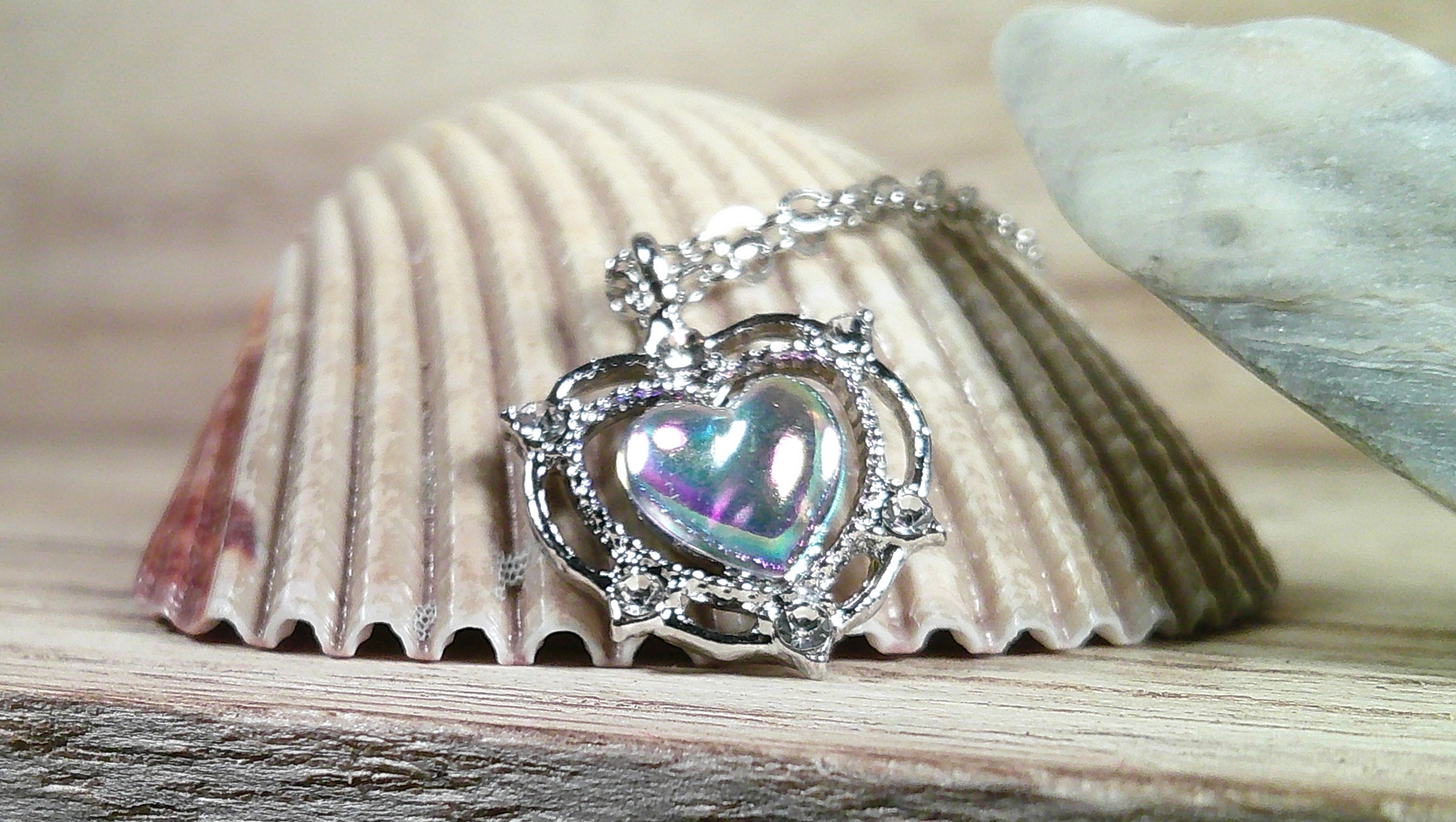 Silver heart-shaped pendant on a shell with a blurred background