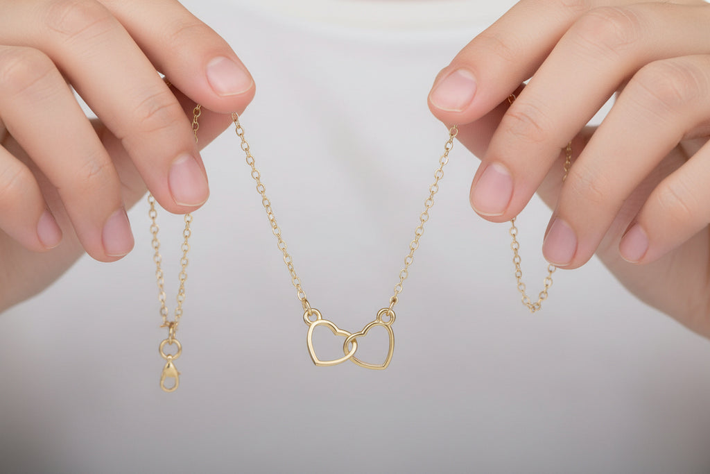 Gold necklace with interlocking heart pendants on a white background