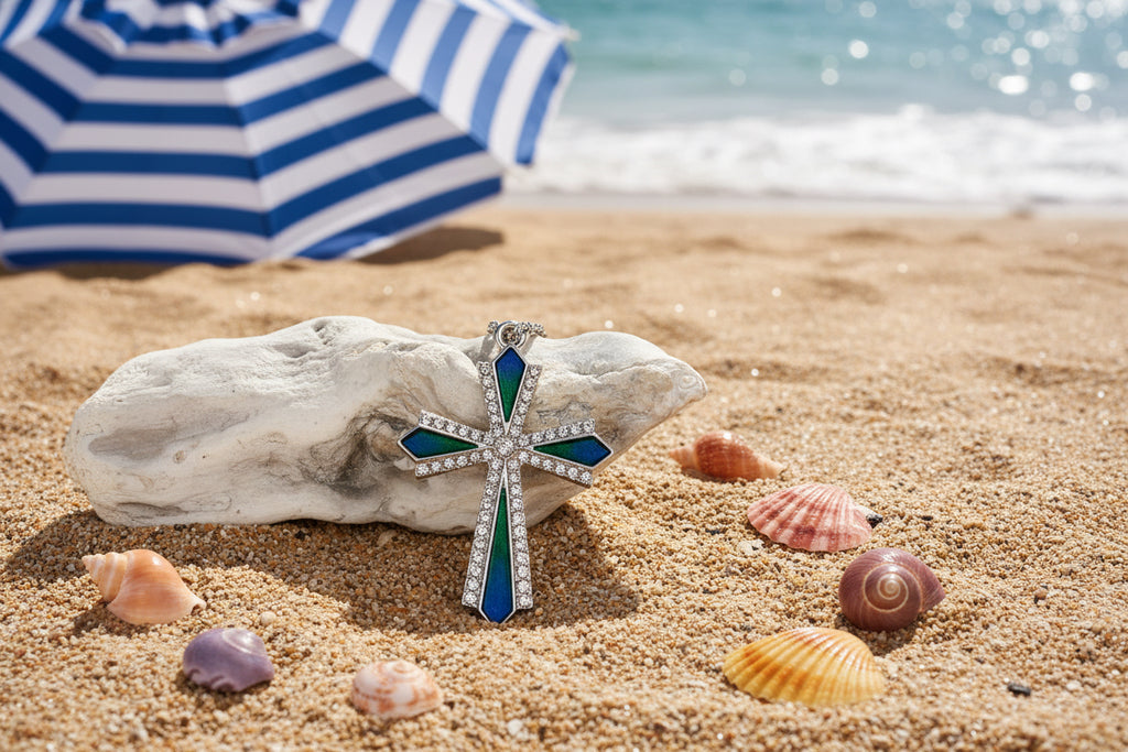 Blue Green Silver Cross Necklace with Simulated Diamonds.
