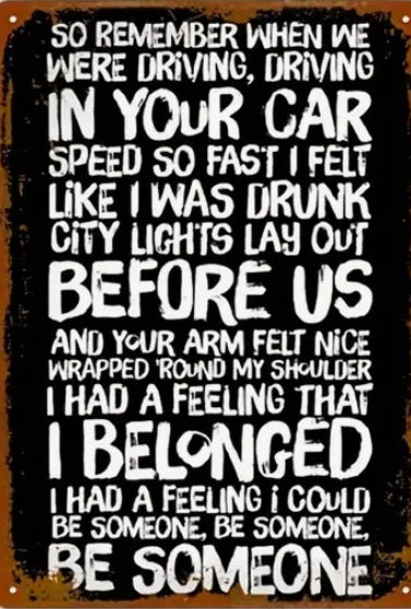 Fast car, aluminum sign, Tracy Chapman song.