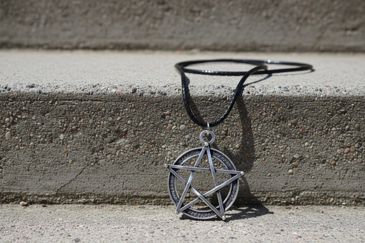 Silver pentagram pendant on a black background