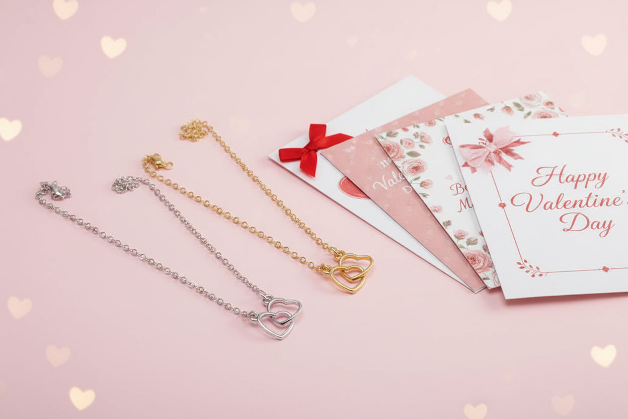 Two heart-shaped pendants on gold and silver chains against a black background