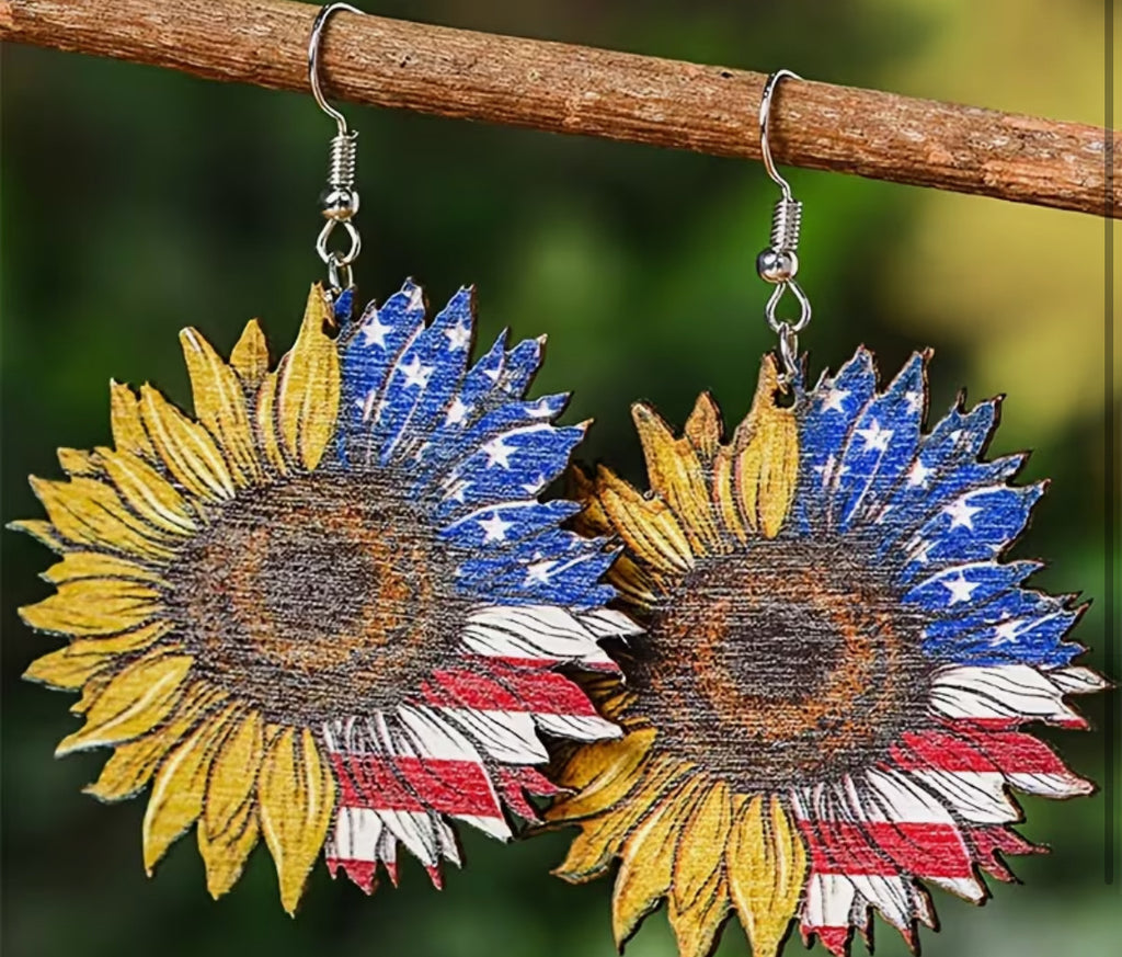 Sunflower earrings in American Red White And Blue. Flag design .