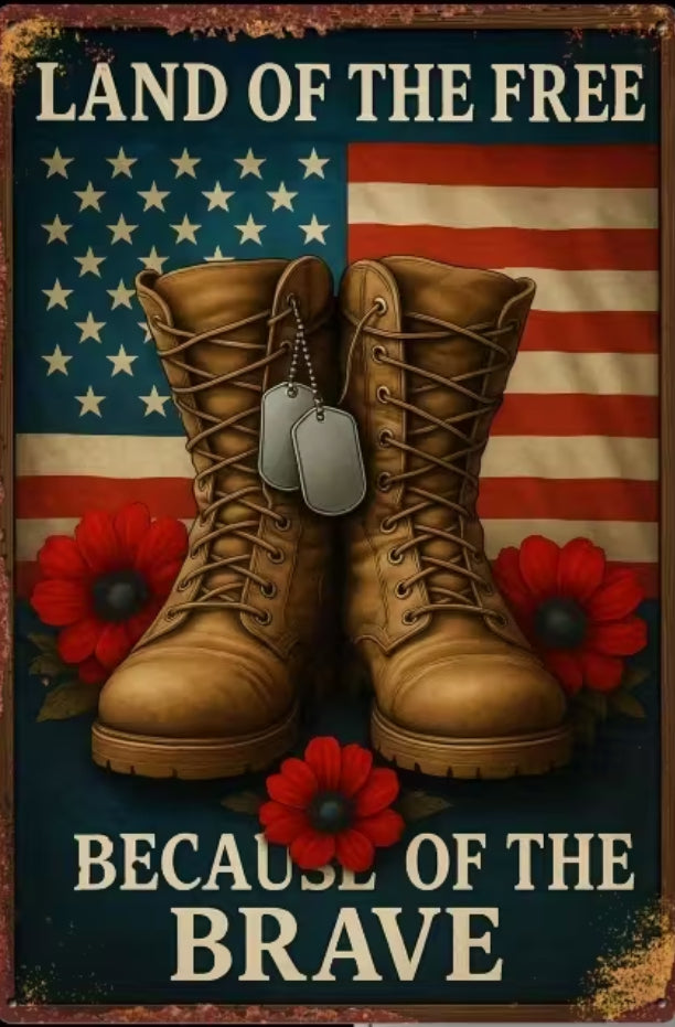 American art aluminum sign. Boots and dog tags with American flag.