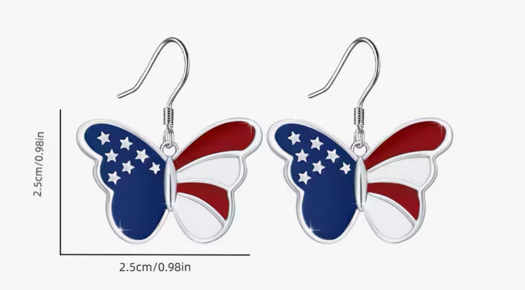 Butterfly earrings in American Red White And Blue. Flag design .