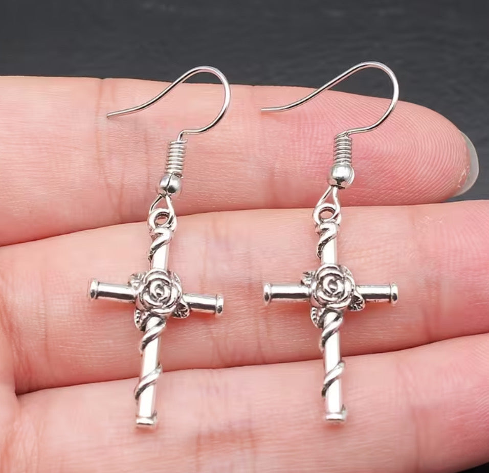 Cross and Rose Earrings.