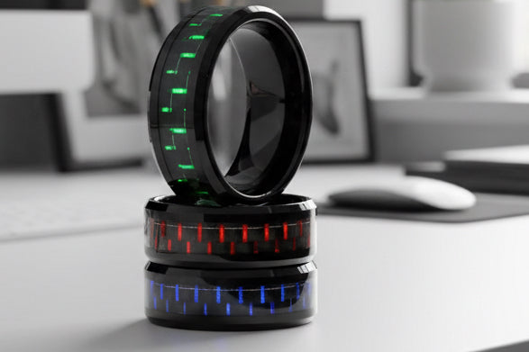 Tungsten Carbide Rings.  Carbon Fiber Inlays Band. Available in Green, Red, Blue.