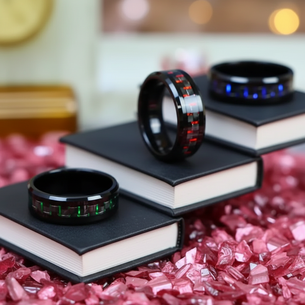 Tungsten Carbide Rings.  Carbon Fiber Inlays Band. Available in Green, Red, Blue.