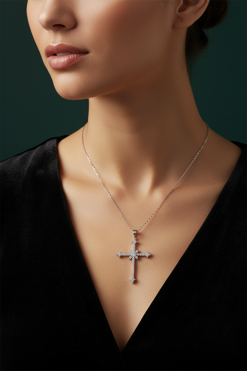 Simulated Diamonds Cross Necklace.