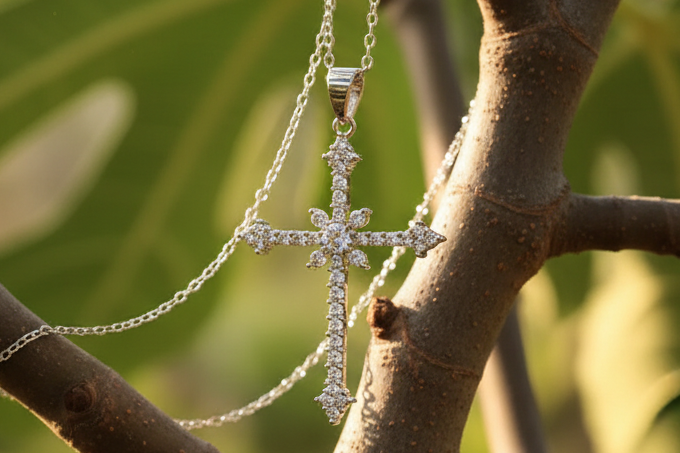 Simulated Diamonds Cross Necklace.