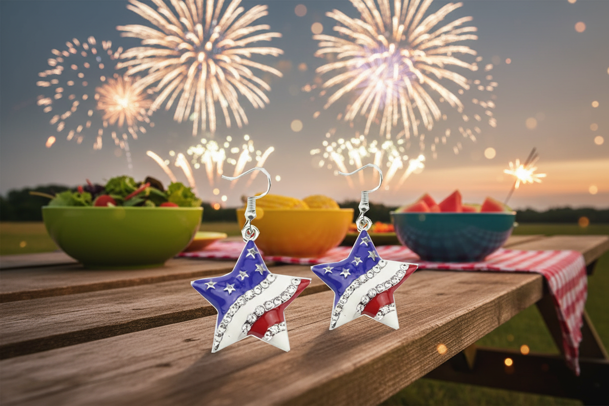Star Shaped American Flag Earrings.