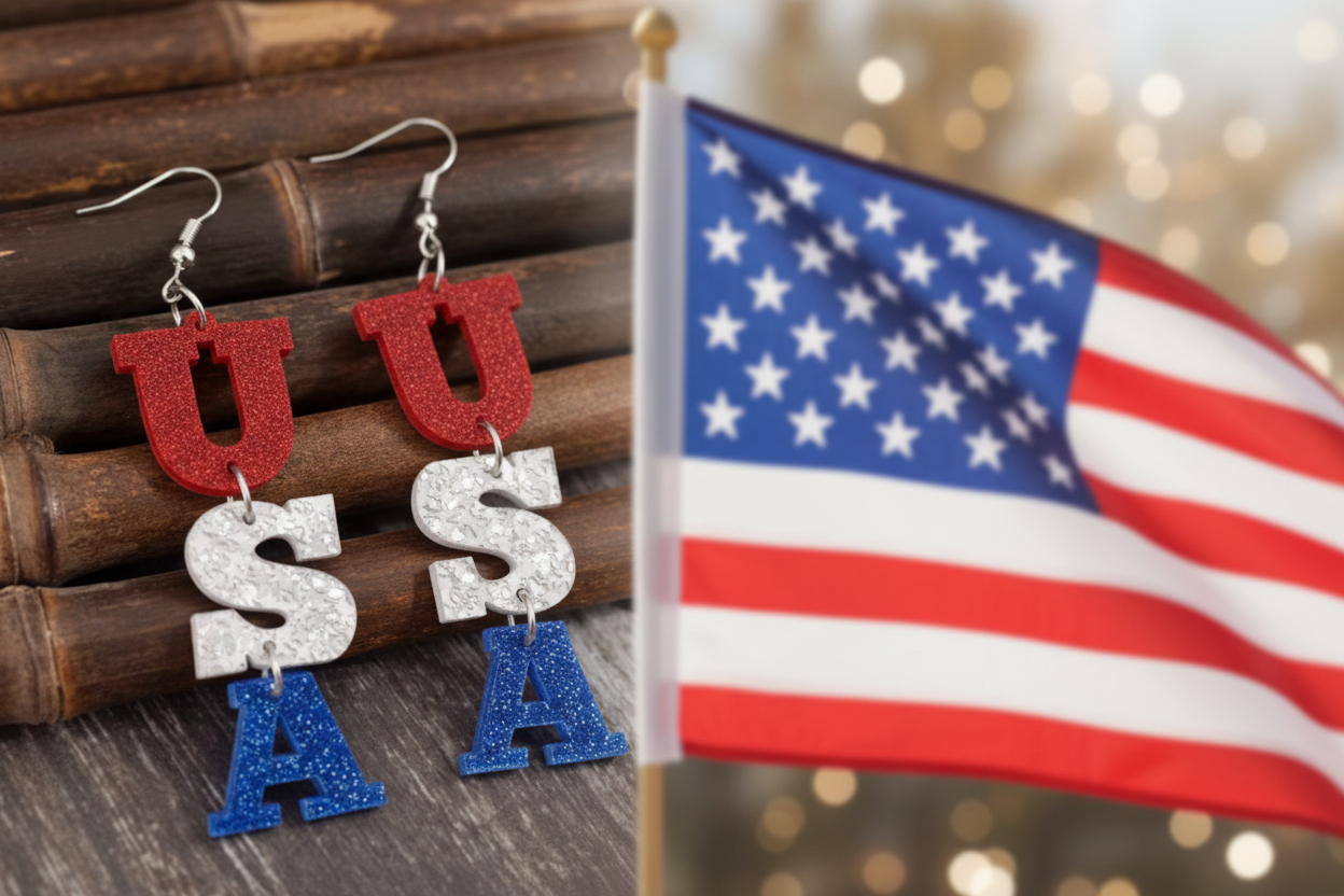 U.S.A. earrings in American Red White And Blue. Flag design .
