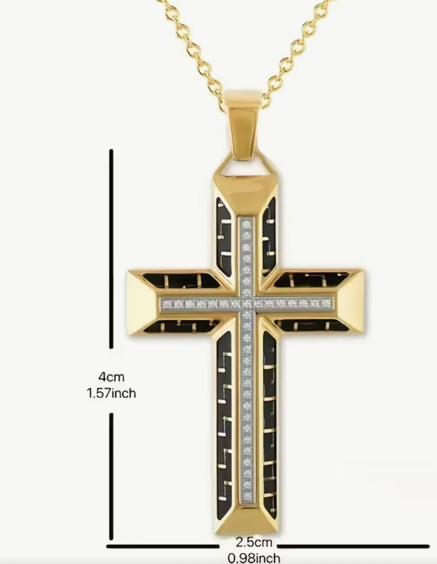 Gold cross pendant with measurements on a white background
