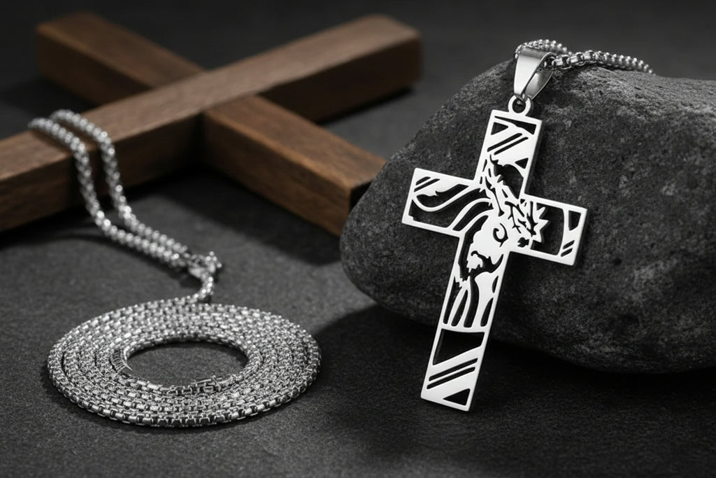 Silver cross pendant with Jesus Christ's face on a dark surface