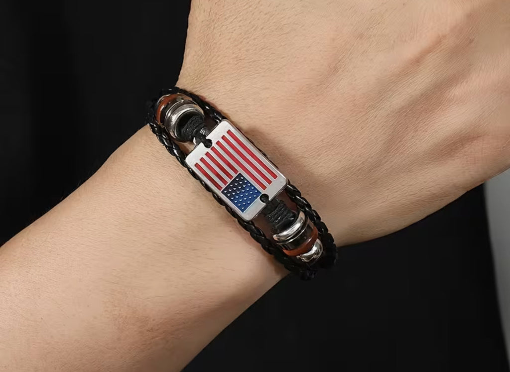 Leather Bracelet with American Flag Emblem.