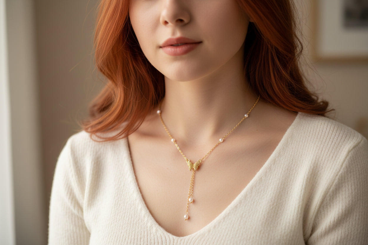 Gold necklace with pearl pendants on a gray background