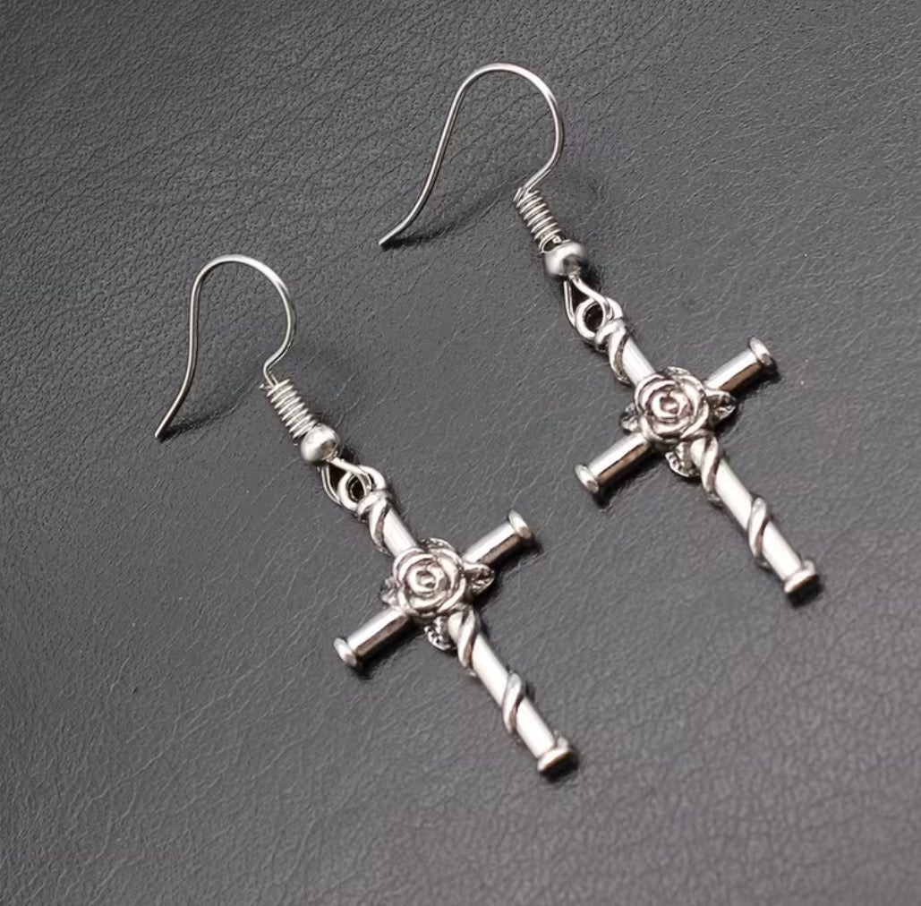 Cross and Rose Earrings.