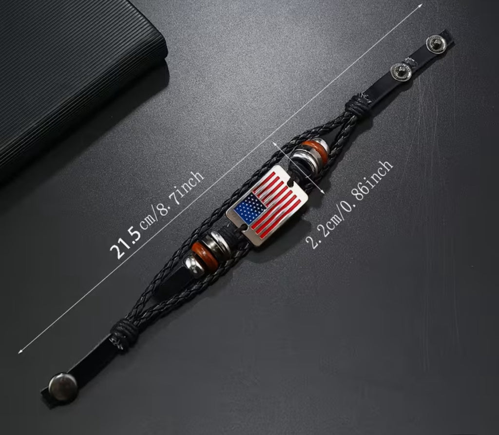 Leather Bracelet with American Flag Emblem.