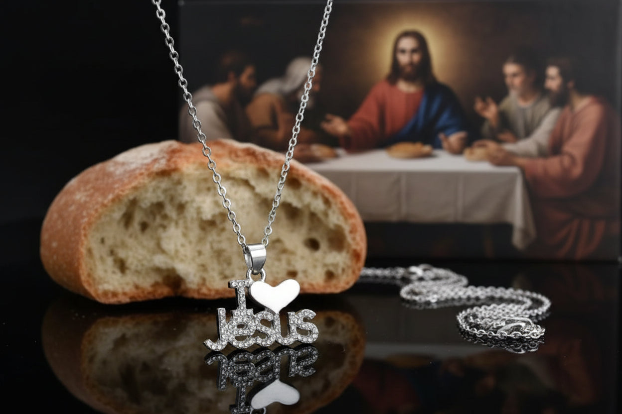 Silver 'I ❤️ JESUS' pendant necklace on a black background