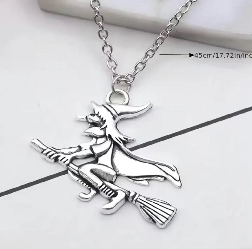 Witch Flying on broom pendant and necklace.