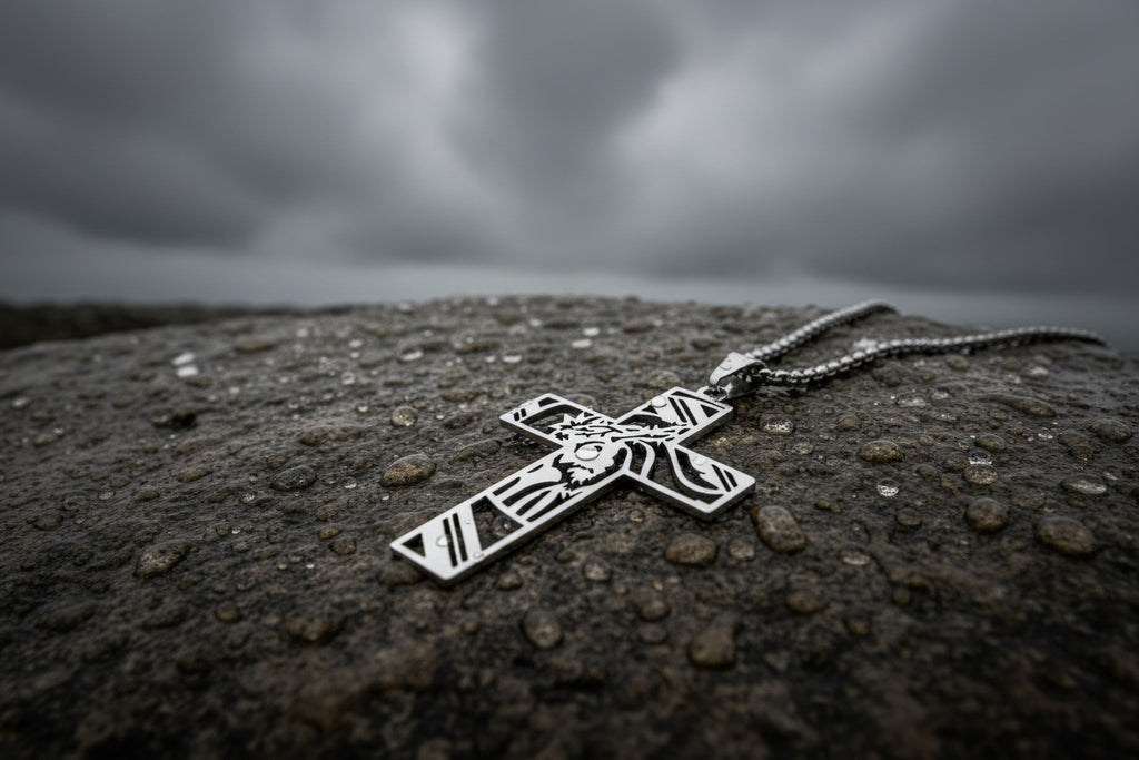 Silver cross pendant with Jesus Christ's face on a purple background