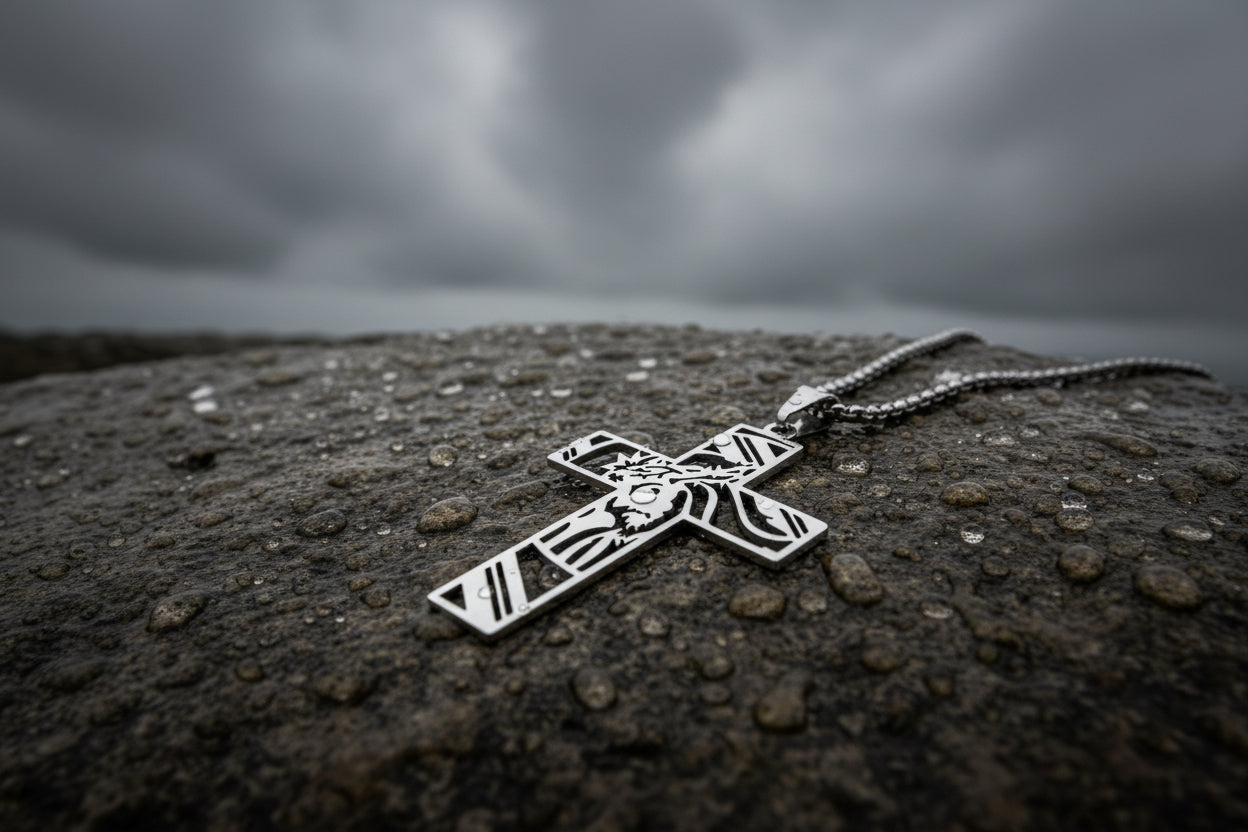 Silver cross pendant with Jesus Christ's face on a purple background