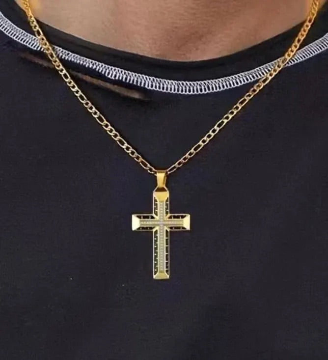Gold and simulated diamonds cross necklace. 18k plated.