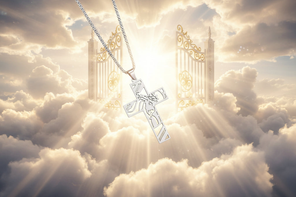 Silver cross pendant with耶稣基督 design held in a hand against a white background