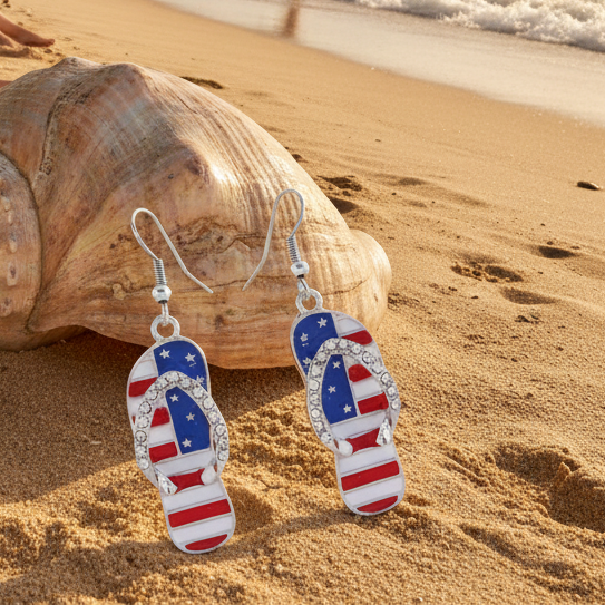 Sandals earrings in American Red White And Blue. Flag design .